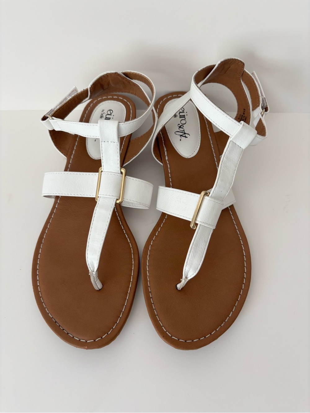 Sofft White T-Strap Sandals with Gold Buckle